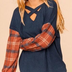 Haptics | Criss Cross Neck & Plaid Sleeves Top